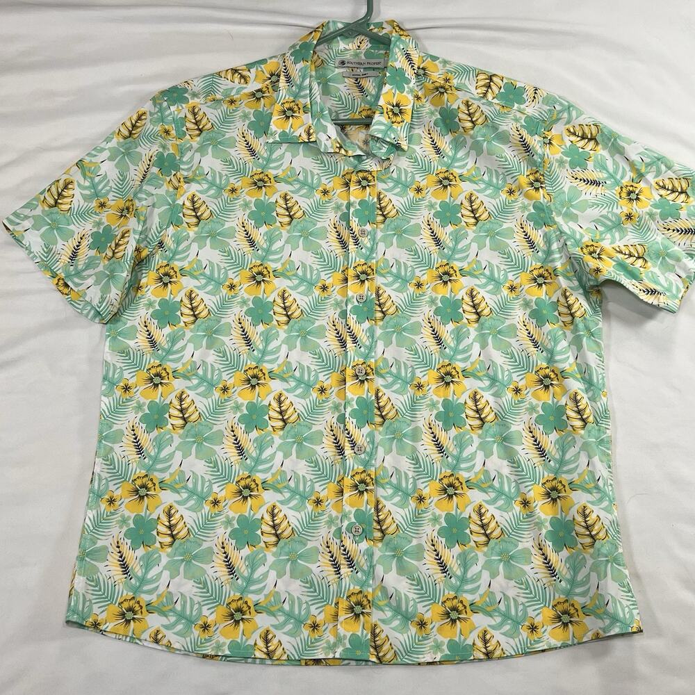 Southern Proper Social Shirt Men's Size L Green Yellow Floral Tropical Hawaiian